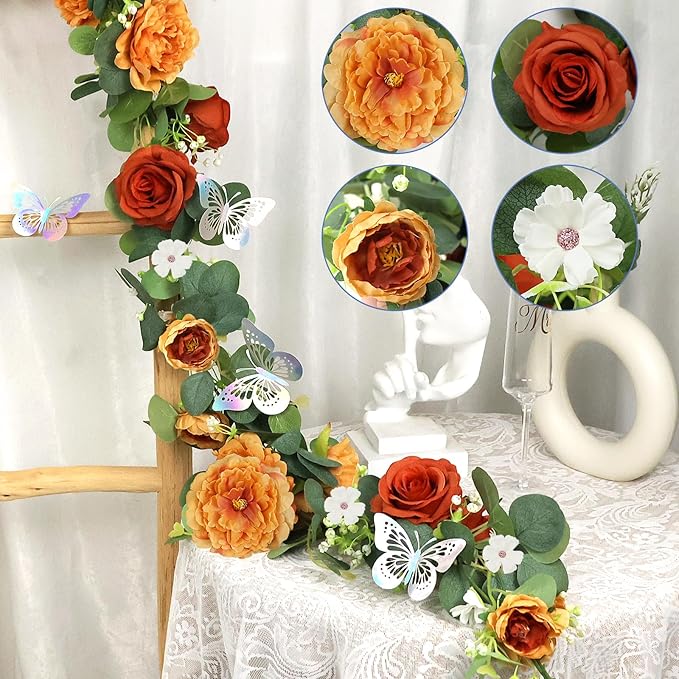 2 Pack 5.9 FT Artificial Flower Garland with Butterflies Fake Rose Garland Faux Greenery Eucalyptus Garlands for Wedding Table Backdrop Arch Centerpieces Decorations - Terracotta & Burnt Orange