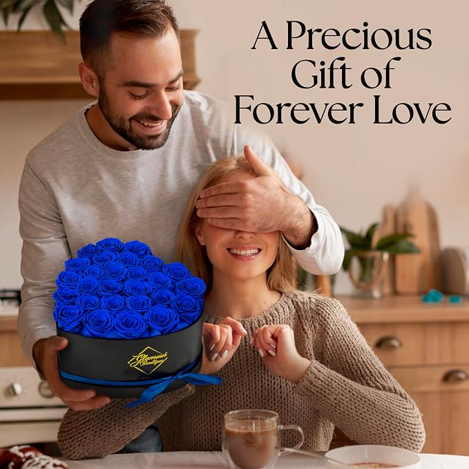 GLAMOUR BOUTIQUE 27 Flower Forever Heart Shape Box, Mothers Day Gift For Mom, Eternal Preserved Roses Gift for Her, Flowers bouquet, For Birthday, Anniversary, Girlfriend - Blue (Color-Treated)