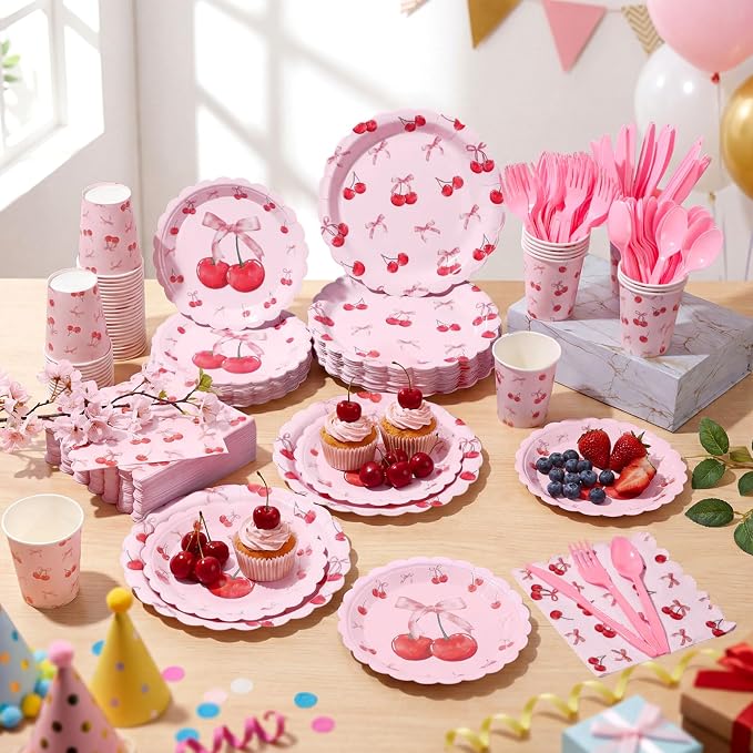 400 Pcs Cherry Birthday Party Decorations for 50 Guests, Red Pink Cherry Bow Scalloped Paper Plates Napkins Cups Cutlery for Pink Bow Coquette Baby Shower Bridal Shower Party Supply