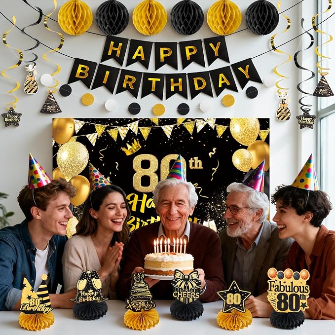 Happy 80th Birthday Party Decoration: Including Birthday Banner Backdrop, Party Table Centerpieces and Hanging Swirl Party Streamers, Birthday Decor for Men and Women (Gold/Black, 80th Birthday)