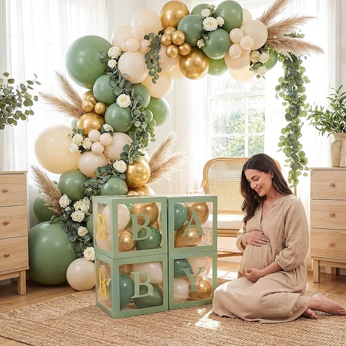 Zhanmai Baby Boxes for Bear Baby Shower Decoration with 4 Letters 36 Balloons 4 Transparent Clear Balloon Box Blocks for Boy Girl Gender Reveal Party Favors (Gold,White,Sage Green)
