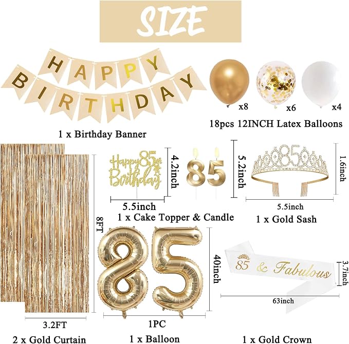 Trgowaul 85th Birthday Decorations for Women, Banner, Sash and Crown, Cake Topper, 85 Number Balloon, Fringe Curtains, Champagne Gold 85th Birthday Party Supplies