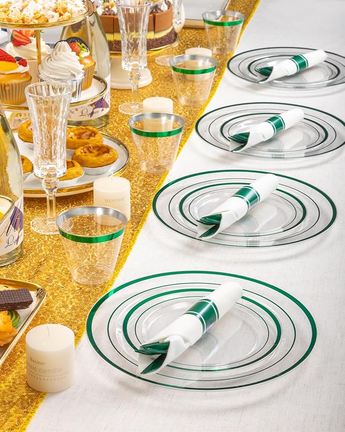 Goodluck 350 Pcs Clear Green Disposable Plastic Plates, Dinnerware Sets | Plastic Silverware Include 100 plates, 50 pack Pre Rolled Napkins With Silverware, 50 cups for Christmas, St. Patrick's Day