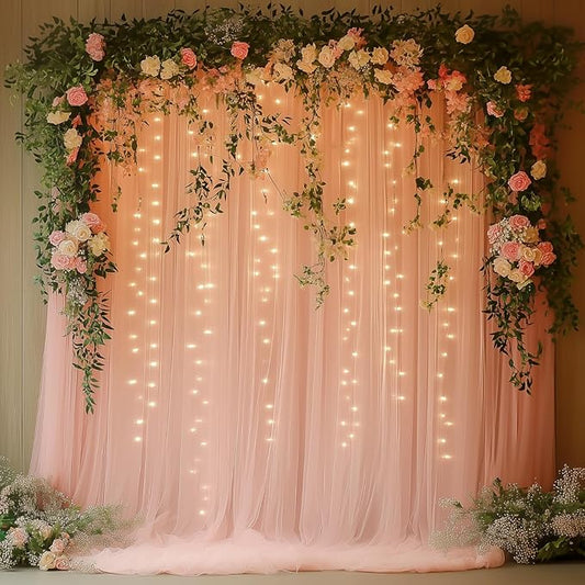 Pink Tulle Backdrop Curtain with Lights - 10x10ft Sheer Backdrop with 300 LEDs for Wedding, Baby Shower, Bridal Shower, Birthday Party Photo Shoot Background and Home Decorations