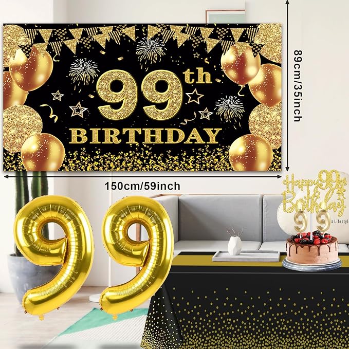 99th Birthday Decorations Men Women with 99th Birthday Banner, Black and Gold Table Cloth, Number Balloons, Large Sash, Cake Topper and Candles