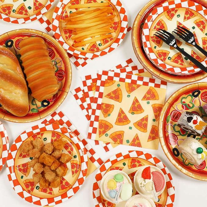 50 Guests Pizza Plates and Napkins Party Supplies Pizza Birthday Party Decorations Disposable Tableware Set Pizza Dinnerware Favor for Kids Boys Girls Baby Shower Picnics, 200PCS