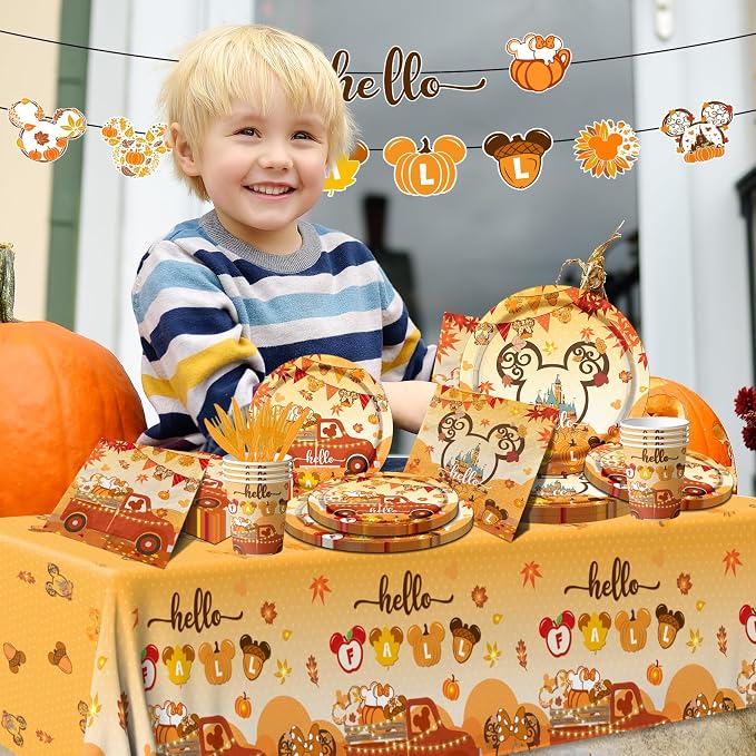 Hello Tableware Decoration,142pcs Fall Theme Mouse Pumpkin Dinnerware Include Mouse Plats Napkins Cups Plastic Fall Tablecloth for Thanksgiving Party Supplies(Serve 20)