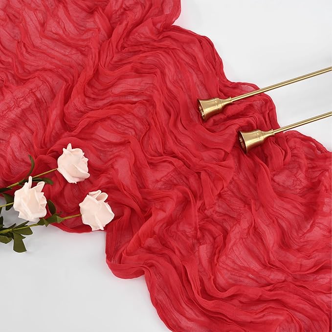 10 Pcs Red Cheesecloth Table Runner 10FT, Gauze Table Runner for Wedding Reception Sheer Bridal Shower Birthday Party Boho Table Decoration, Rustic Romantic Wedding Runner