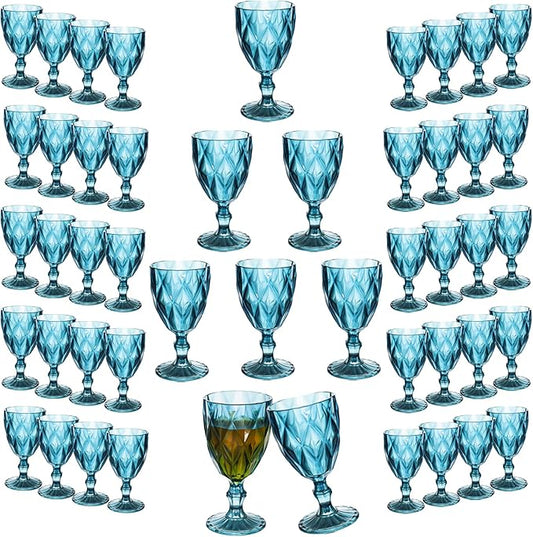 48 Pack Vintage Wine Glasses, Plastic Reusable 12 Ounce Colored Water Goblets, Unique Embossed Pattern Unbreakable Stemmed Wine Glasses High Clear Wedding Party Bar Drinking Cups Blue