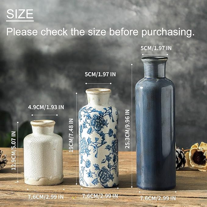 ooit Ceramic Vintage Vases Set of 3, Blue and White Flower Decorative Vase Chinoiserie Decor Rustic Farmhouse Retro Floral Vases for Table Bookshelf Mantel Kitchen Living Room Office