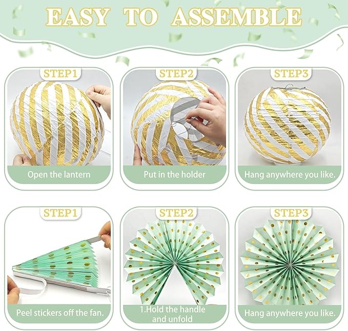 ADLKGG Sage Green Party Decorations, 14 Pcs Green and Gold Hanging Paper Fans, Lanterns, Pom Poms - Elegant Backdrop for Baby Shower, Bridal Shower, Birthday, Wedding, Engagement Party