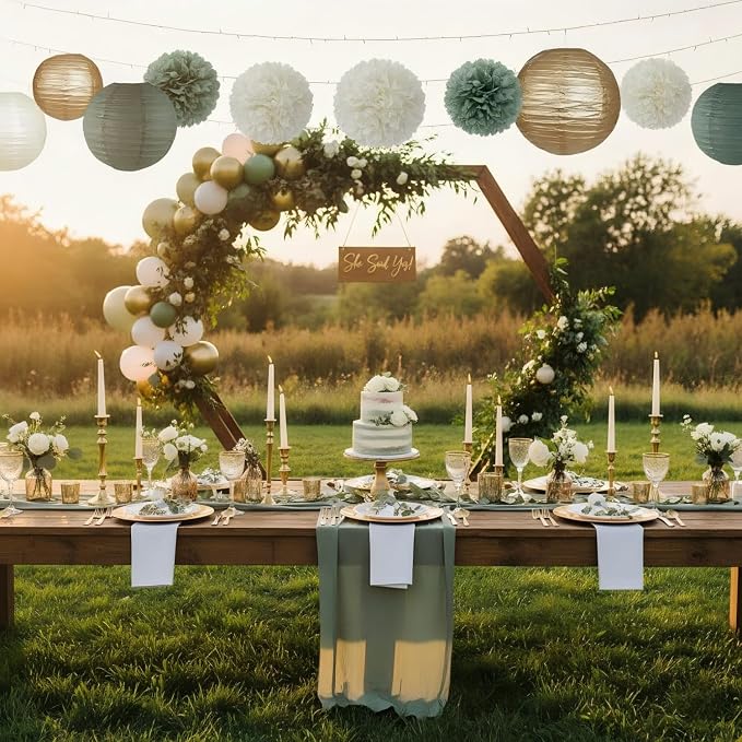 CC wonderland zone 12pcs Sage Green Gold Paper Lanterns,Hanging Paper Lanterns for Bridal Enchanted Forest Shower Rustic Neutral Boho Birthday Wedding Home Decor Party Decoration