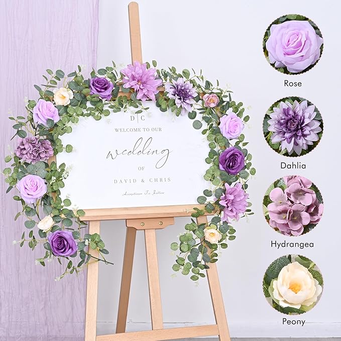 Waipfaru 8.85Ft Flower Garland, Eucalyptus Greenery Garland with Flowers, Rose Floral Vines for Wedding Table Runner Spring Summer Backdrop Decor (Purple)