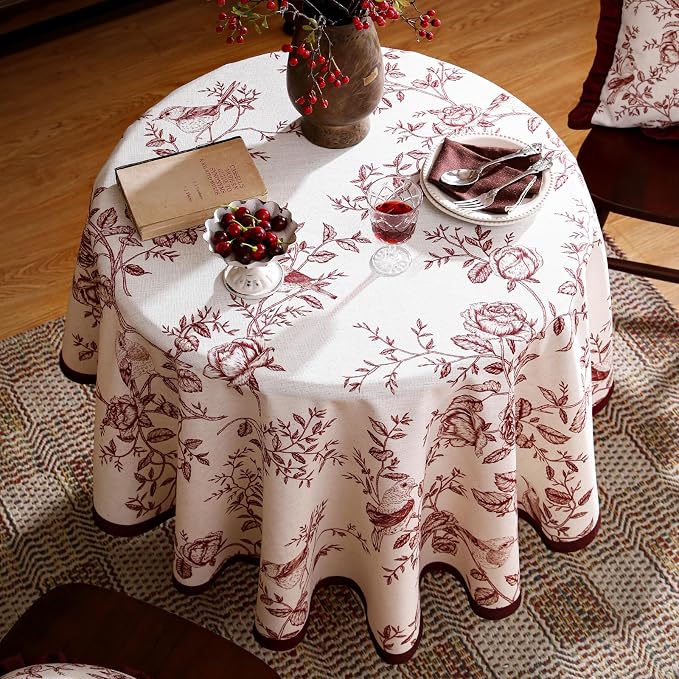 ISAENNE Designer French Linen Round Tablecloth,Diameter 55"-Harmony | Vintage Elegant Beautiful Decoration Table Cloth,Red Floral and Bird Pattern,Heavy,Dining,Tea Party,Kitchen,Thanksgiving