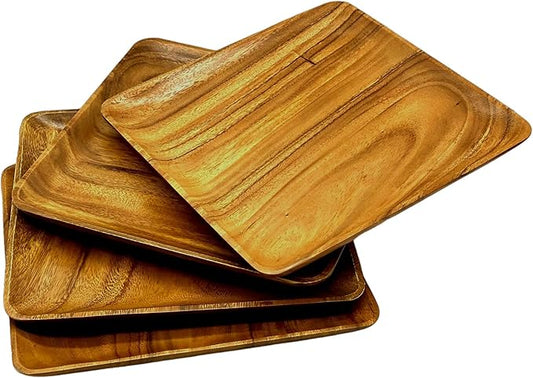 Set of 4 – 12 Inch Square Acacia Wood Dinner Plates – Solid Hardwood Wooden Plates for Steak, Pasta, Salad, BBQ, Charcuterie – Natural Wood Grain Dinnerware