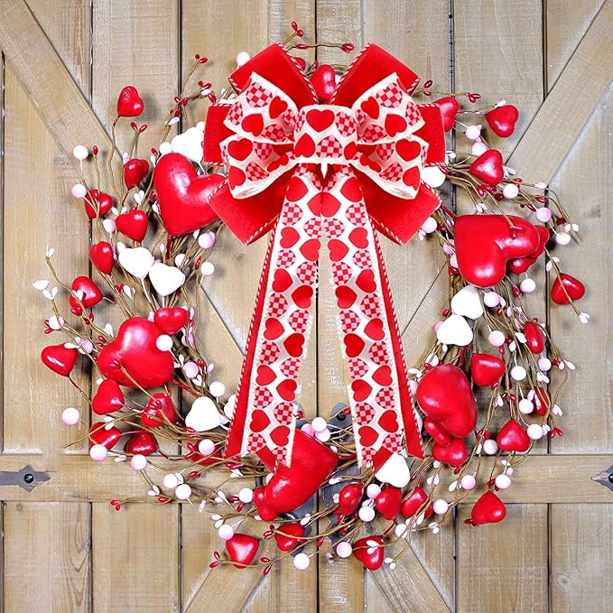 Valentines Day Tree Decorations, Valentine Tree Topper Bow with Red and Pink Heart for Valentines Day Wreath Wedding Holiday Party Wall Home Front Door Outdoor Decor