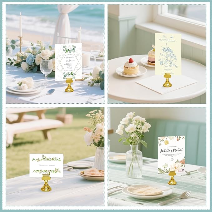 ERYTLLY 24 PK Place Card Holders 1.7 inches Table Card Holder Steel Card Holders for Weddings,Birthdays,Photos, Memo Notes, Restaurants (Gold 24PK)