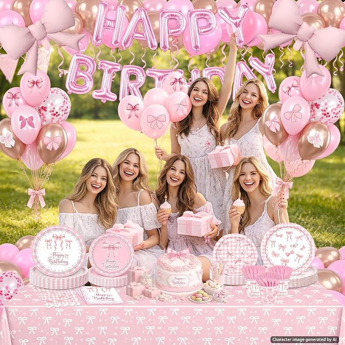 219Pcs Pink Bow Birthday Decorations, Coquette Tableware Set 24 Guests | Birthday plates and napkins, pink balloons, bow tablecloth and stickers for party supplies setup