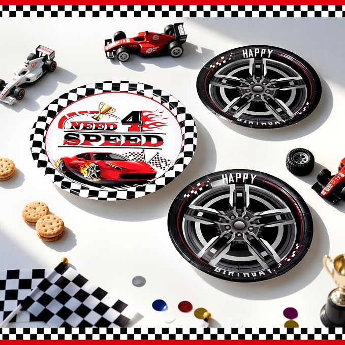 LemonRoad 452 Pcs Need Four Speed Birthday Decorations 4th Race Car Party Tableware Disposable Paper Plates and Napkins Set Need 4 Speed Decorations for Boy Kids Race Car 4 Years Birthday