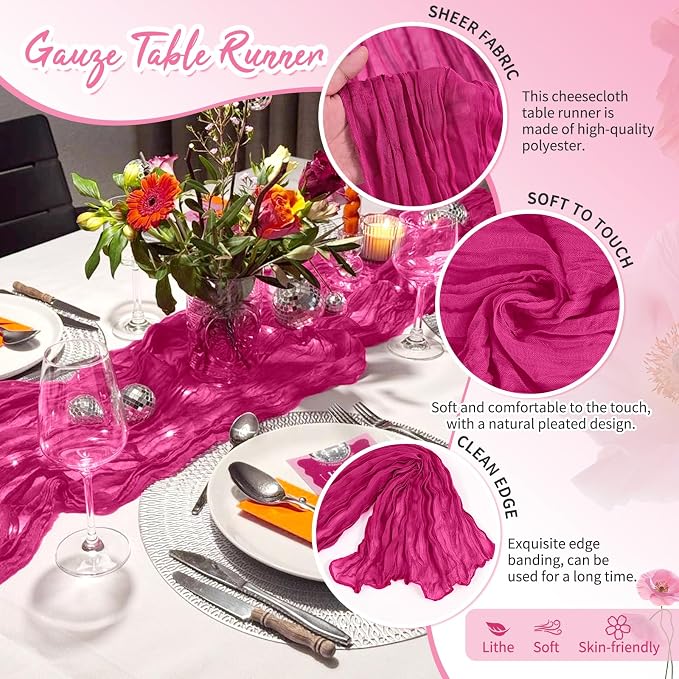 4 Pack Fuschia Cheesecloth Table Runner 17 x 108 inch Boho Gauze Table Runner Rustic Sheer Cheese Cloth Table Decorations for Wedding Party Baby Bridal Shower Birthday Holiday Home
