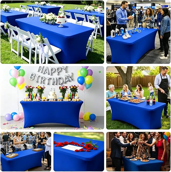 Spandex Tablecloth 6 Pack, 8FT Royal Blue Fitted Table Covers for 96 x 30 in Rectangle Tables, Washable Stretch Table Cloths for Trade Shows, Weddings, Parties & Banquets