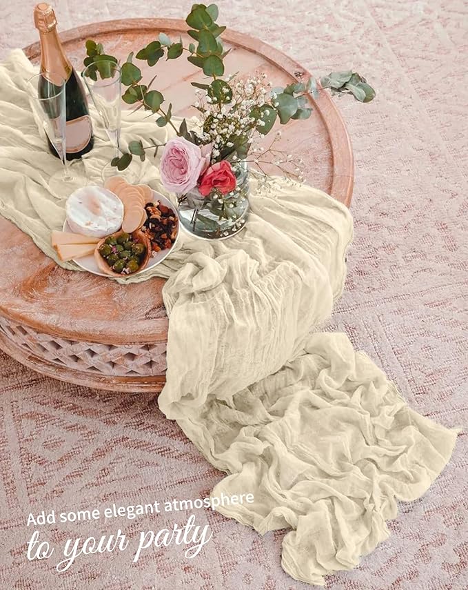 10 Pack Ivory Cheesecloth Table Runner 17x108 Inch Semi Sheer Boho Gauze Cheese Cloth Table Runners, for Wedding Bridal Shower Birthday Party Home Decor Garden Farmhouse