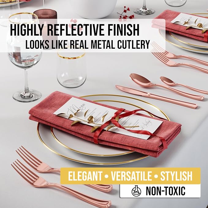 Exquisite Rose Gold Plastic Tea Spoons Heavy Duty 160 Pieces Rose Gold Plastic Silverware Heavy Duty Disposable Silverware Set, Disposable Tea Spoons Eating Utensils Sets Flatware Set For Parties