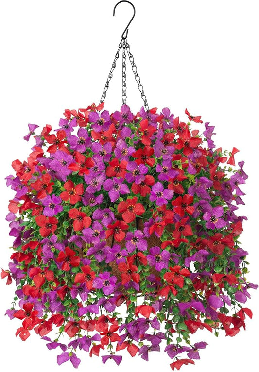 INXUGAO Artificial Hanging Flowers Plants with Basket for Outdoors, Realistic Faux Silk Daisy Flower Eucalyptus for Spring Decor, UV Resistant Fake Plants for Porch Patio Yard Balcony, Red Purple