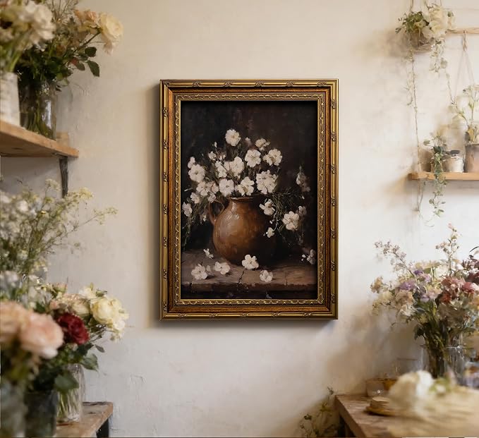 Vintage Gold Framed Wall Art Vintage Flower Still Life Wall Decor Retro White Floral Picture Retro Rustic Floral Poster Print Artwork for Home Living Bedroom Farmhouse Hallway