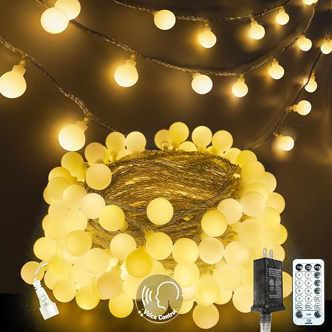 2026 New Connectable 43FT Smart Voice Controlled Globe String Lights Indoor Outdoor | 100LED Warm White Classroom Fairy Lights for Bedroom with Remote & Timer, 12 Modes Waterproof Classroom Decor