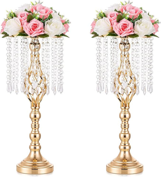 Gold Vases Centerpieces for Table: 19.3" Tall Flower Stand with Crystal Patent for Wedding Center Piece Party Event Set of 2