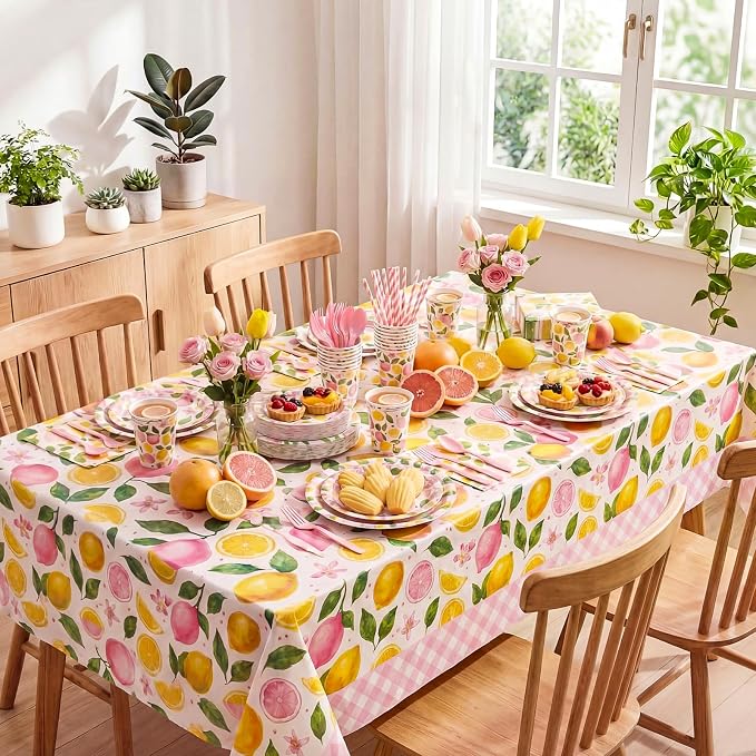 Vesici 452 Pcs Pink Lemon Party Supplies Lemon Party Tableware Set with 9 Inch 7 Inch Plates Napkins Tablecloths 9oz Cups Cutlery Straws for Summer Birthday Baby Shower Bridal Shower, 50 Guests