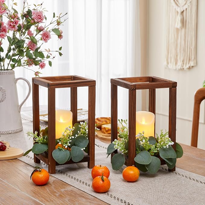 42 Pcs /14 Set Wooden Wedding Lantern Centerpiece-Wooden Candle Lantern Bulk Includes 14 Farmhouse Wooden Candle Holder 14 Flameless LED Candles 14 Eucalyptus Leaves Wreath for Decoration
