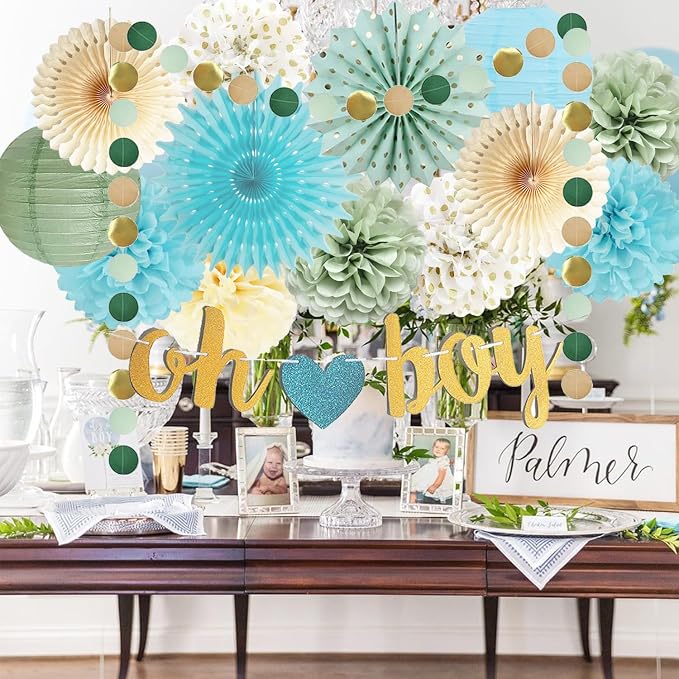 Sage Green Blue Baby Shower Decorations for Boy Oh Boy Banner Tissue Paper Pom Poms Flowers Paper Fans Circle Dot Garland Neutral Party Supplies Baby Boy Gender Reveal Birthday Party Decorations