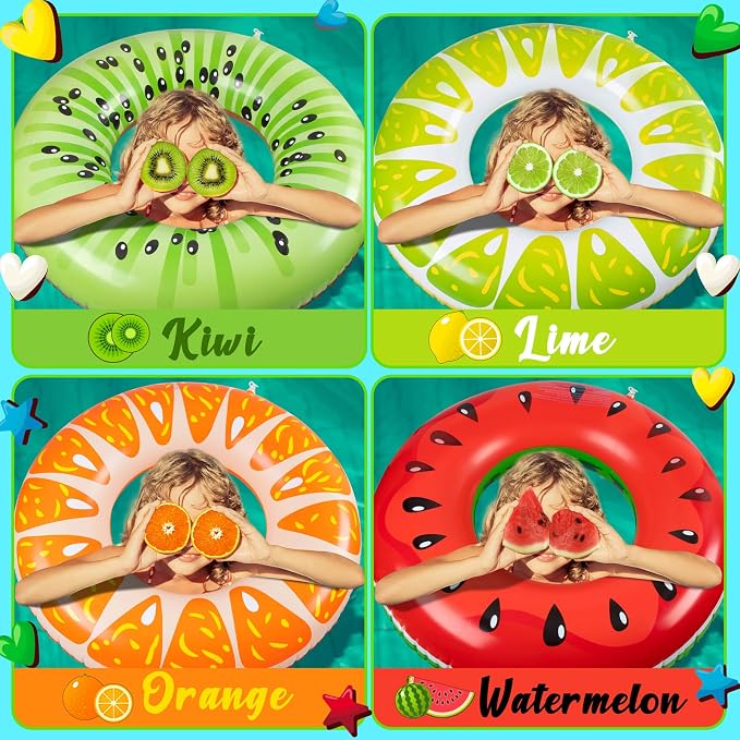 90shine 7-Pack Fruit Pool Floats Floaties: Inflatable Swim Rings & Beach Balls for Summer, Tropical Pool Party Decorations, Floating Tubes Toys for Kids Adults
