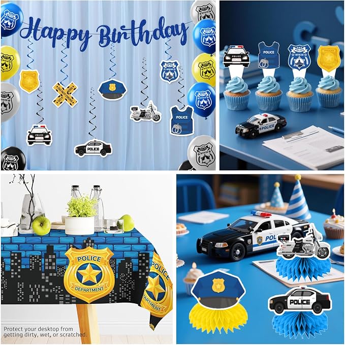 339pcs Police Birthday Party Decorations Tableware Complete Set, Serves 50 Guests, Party Decorations Kit with Banner Plates, Napkins, Balloons, Tablecloths