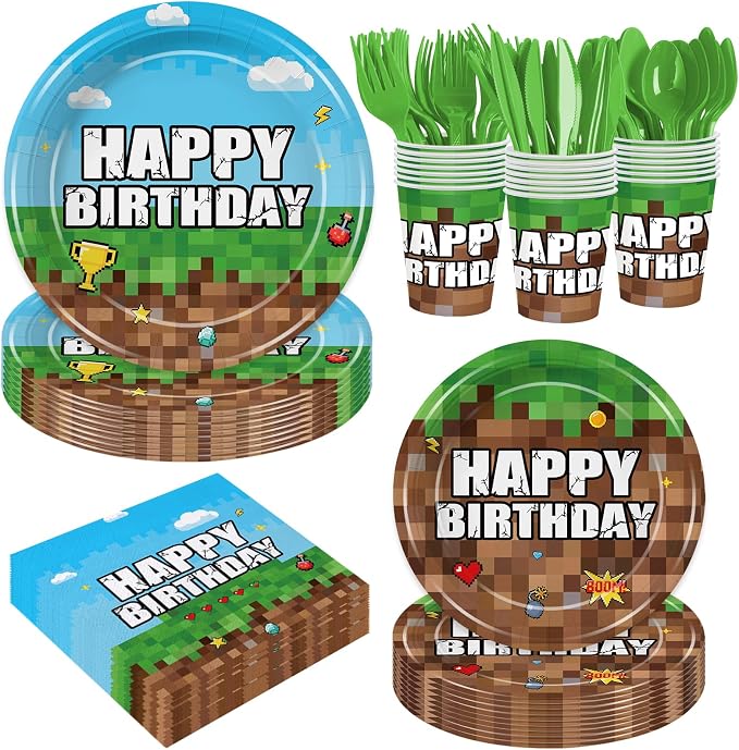 Green and Brown Party Decorations Mini Pixel Paper Plates and Napkins Video Game Themed Birthday Party Decorations Tableware Set for Kids Birthday Decor Serves 24