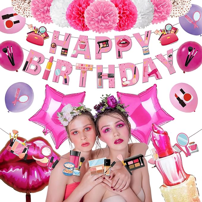 Makeup Party Supplies 66pcs Spa Party Decorations Set-Makeup Theme Party Decoration Happy Birthday Banner Happy Brirthday Makeup Birthday Cake Topper Kit Party Decorations for Girls Women
