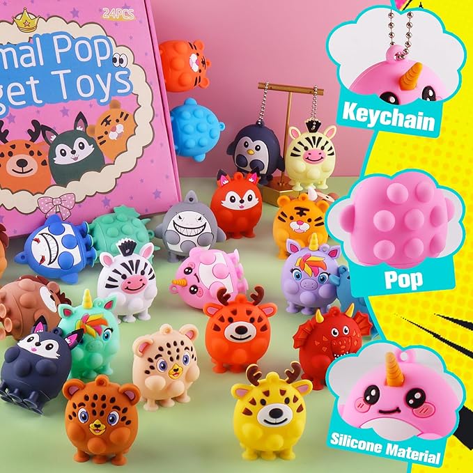 ChildFun 24 PCS Party Favors for Kids, Silicone Animal Pop Fidget Toys with Suction, Birthday Gifts for Boy Girls, Treasure Box Toys, Goodie Bag Stuffers, Prizes for Kids