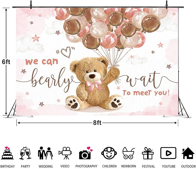 We Can Bearly Wait Backdrop 8Wx6H Feet Bear Baby Shower Girls Pink Brown Balloons Cartoon Cute Clouds Stars Polyester Fabric Newborn Photography Backgrounds Photo Shoot Decor Props Decoration
