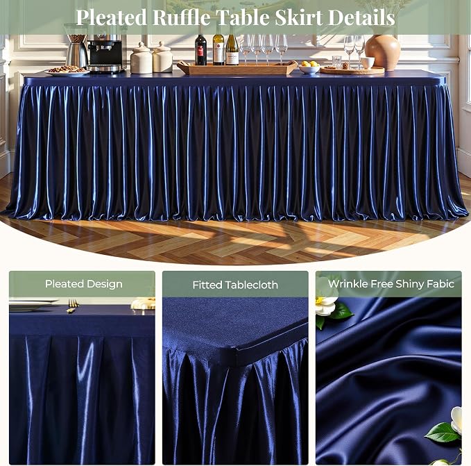 6 Packs Navy Blue Satin Tablecloths Rectangle 6FT, Glitter Fitted Stretch Table Covers Wrinkle-Free Floor Length Shimmer Table Skirt for Weddings Parties Baby Shower Banquets Vendor Events