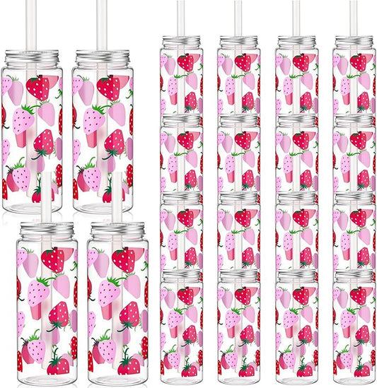 LemonRoad 24 Pcs Strawberry Plastic Cups with Lid and Straw 14 oz Reusable Strawberry Themed Party Decorations Tumbler Beer Can Iced Coffee Cup for Preppy Party Decoration