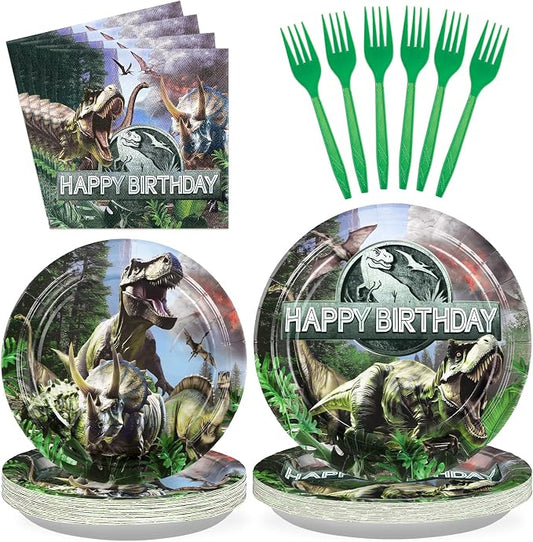 96Pcs Dinosaur Birthday Party Decorations Dinosaur Plates and Napkins Disposable Dino Paper Tableware Set for Dino Theme Jungle Birthday Baby Shower Party Supplies, Serves 24
