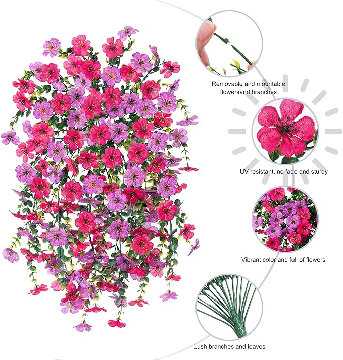 HyeFlora 2Pcs Artificial Flowers for Outdoors, Summer Fake Hanging Floral Decoration, Purple and Hotpink Lifelike Plants, UV & Fading Resistant Silk Flower for Enterwa Patio Balcony Front Yard