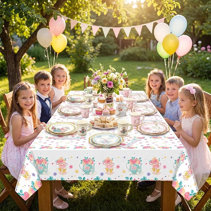 Yungyan 193 Pcs 48 Guests Tea Birthday Party Supplies Disposable Tableware Set 9 oz Paper Cups with Handle 7" 9" Paper Plates Napkin Tablecloth for Party Wedding Baby Shower (Elegant Style)