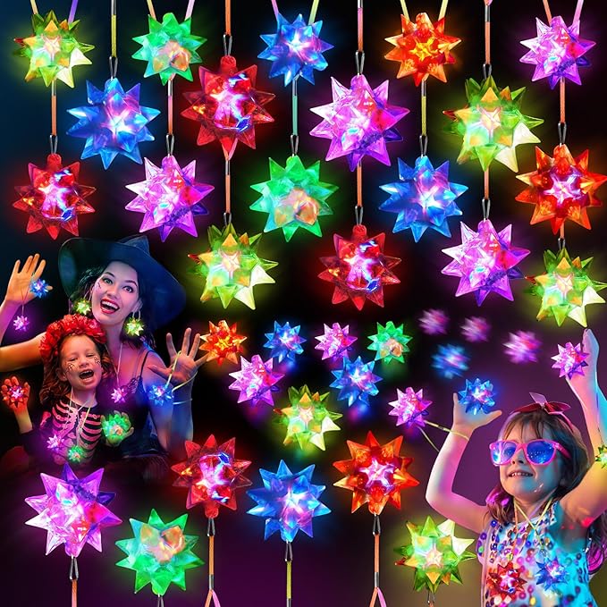 100PCS Flashing Crystal Star Necklaces, Glow Necklaces Bulk Light up Party Favors, LED Glow in The Dark Supplies for Kids Adults Birthday Glow Party Rave Halloween Goodie Bags Filler (Colorful)