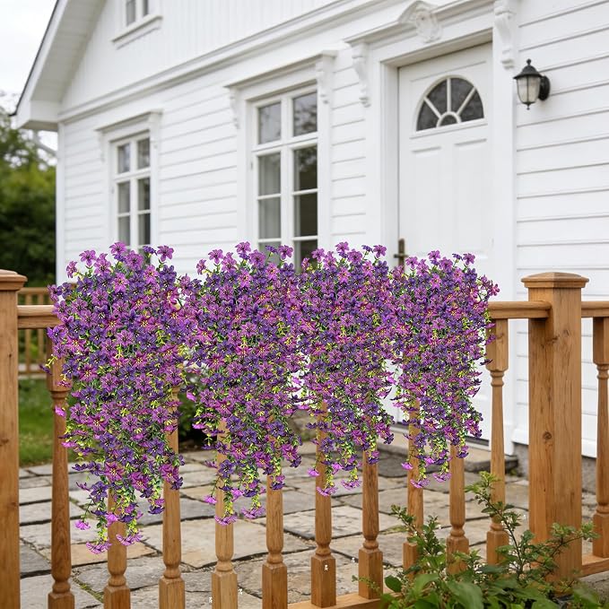 4 Pcs Artificial Hanging Flowers for Outdoor Indoor, UV Resistant Silk Daisy Fake Flowers, Realistic Faux Trailing Vines for Spring Garden Planter Porch Patio Window Box Decor(Double Purple)