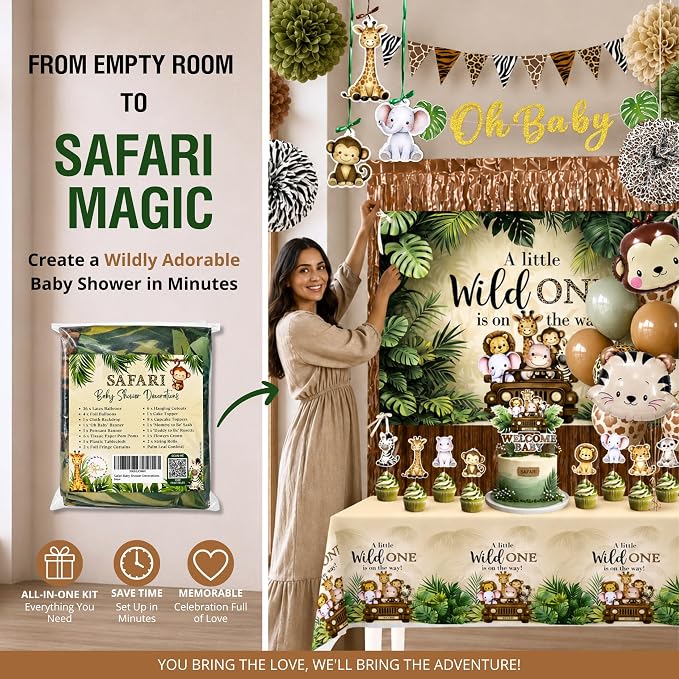 272 Pc Safari Baby Shower Decorations, Jungle Animal Party Set | Safari and woodland baby shower decorations; jungle and forest animal styles with backdrop, balloons, banner, sash
