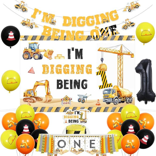 Construction 1st Birthday Party Decorations for Boys I'm Digging Being 1 Birthday Banner Backdrop Construction Bday High Chair Banner for Excavator Bulldozer Bday Party Supplies