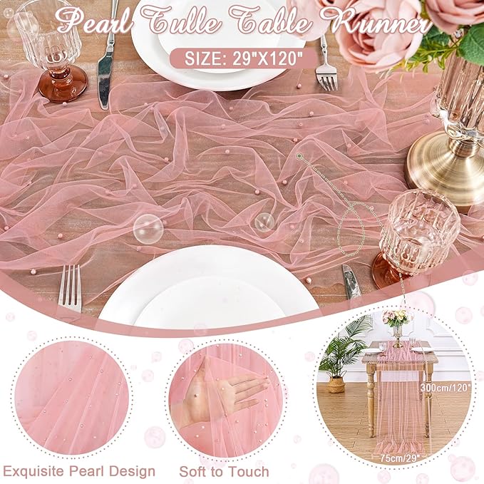 LuoluoHouse Pearl Table Runner Wedding Decor: 10ft Pearl Table Cloth 29x120 Inch Tulle Chiffon Fabric for Decortions Birthday Party Dining Table Cover (Dusty Pink)